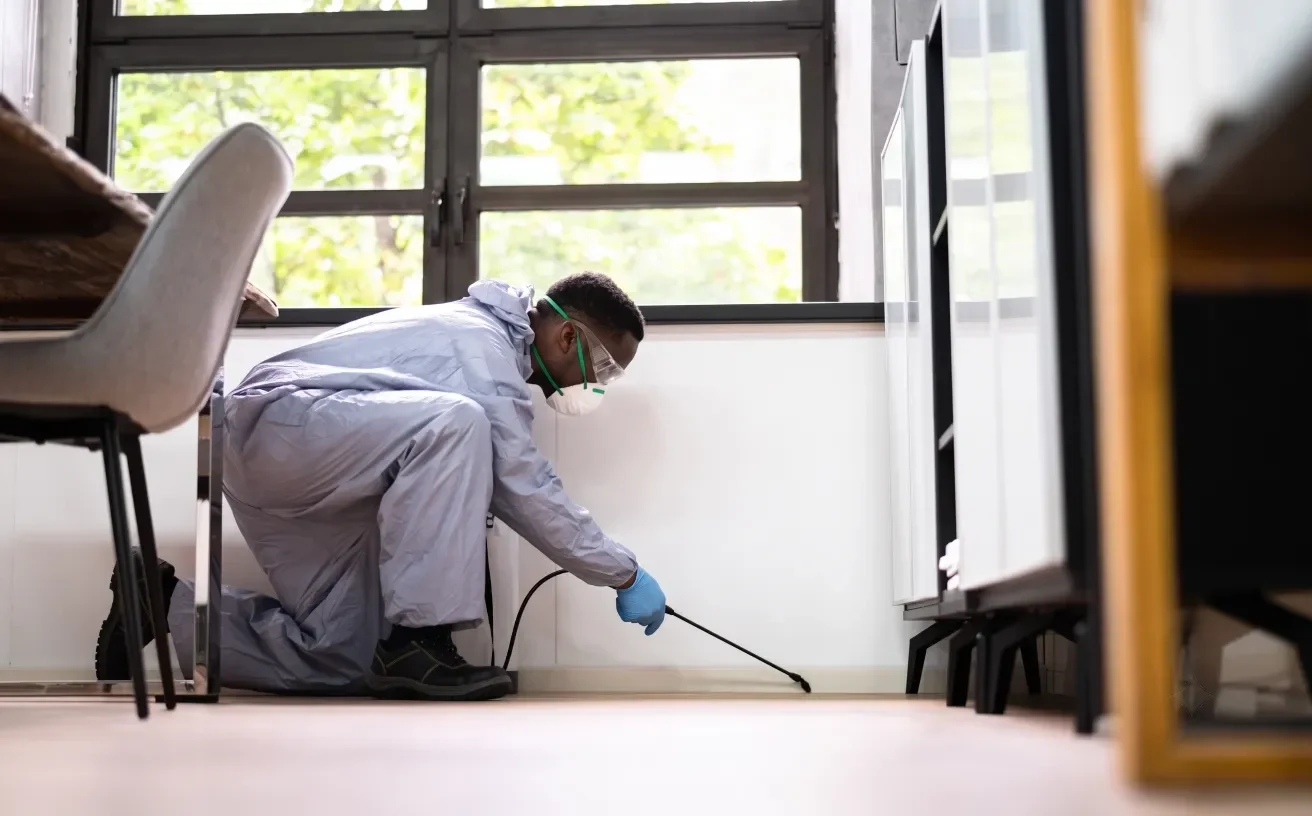 Pest control technician in protective gear treating interior baseboard during general pest service in Bloomington, Indiana