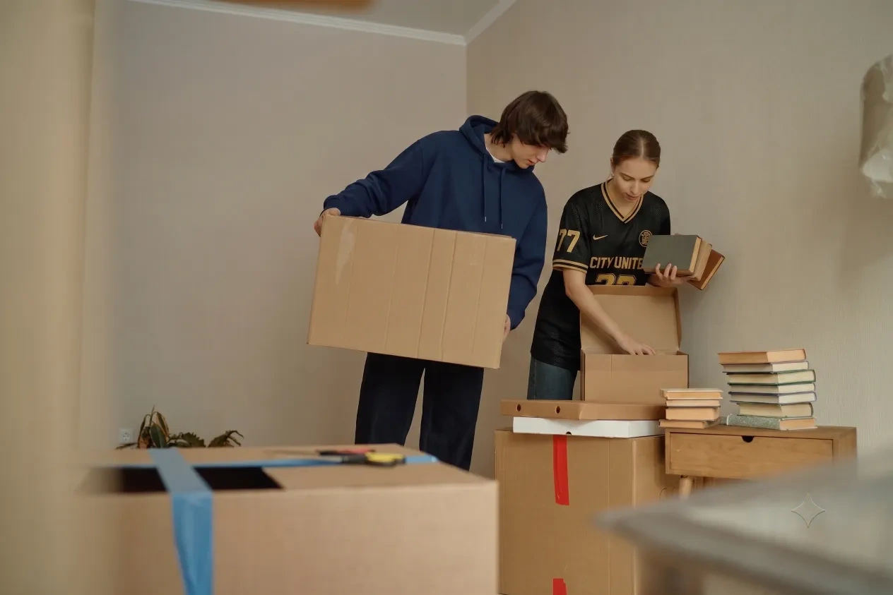 College students unpacking moving boxes into a new apartment before a move-in pest inspection in Bloomington, Indiana