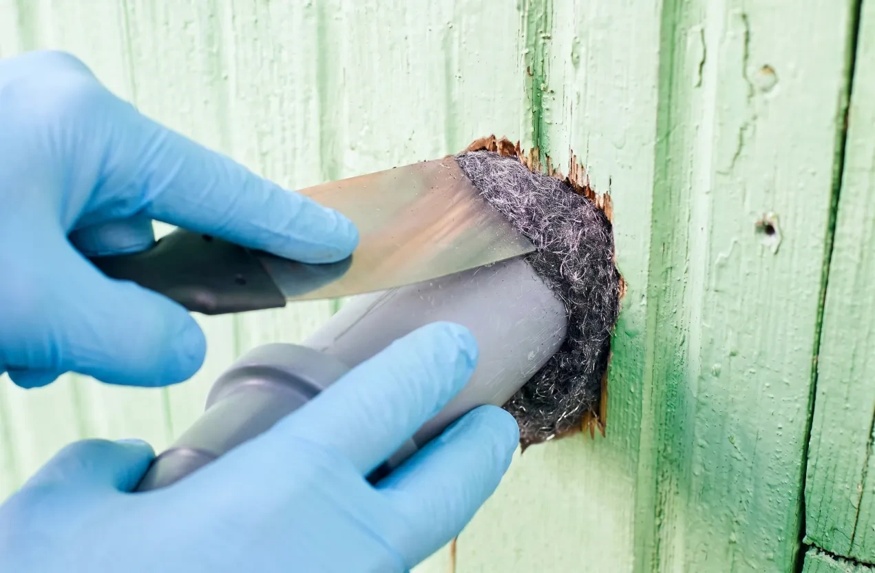 Pest control technician sealing an exterior rodent entry gap with steel wool during exclusion service in Bloomington, Indiana