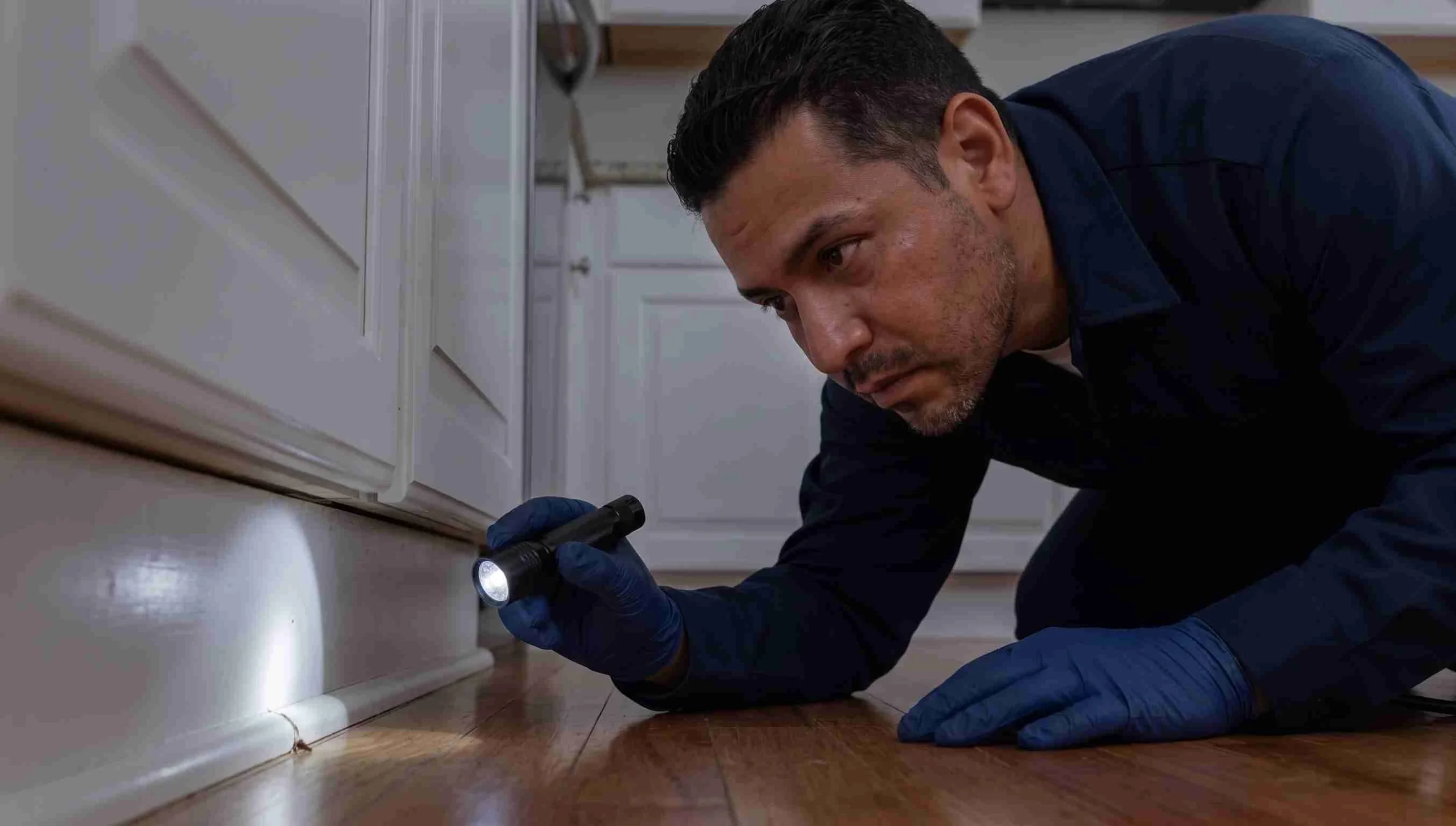 Pest control technician conducting thorough baseboard and corner inspection to detect signs of cockroaches, bed bugs, or rodents in a Bloomington, Indiana rental unit