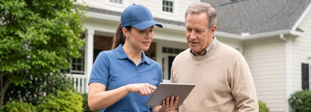 Pest control professional discussing inspection findings and recommended treatment options with homeowner in a Bloomington, Indiana apartment