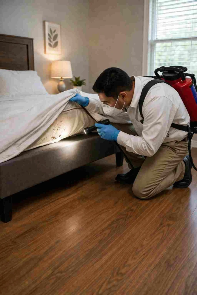 Pest control technician inspecting mattress for bed bugs in Bloomington Indiana home