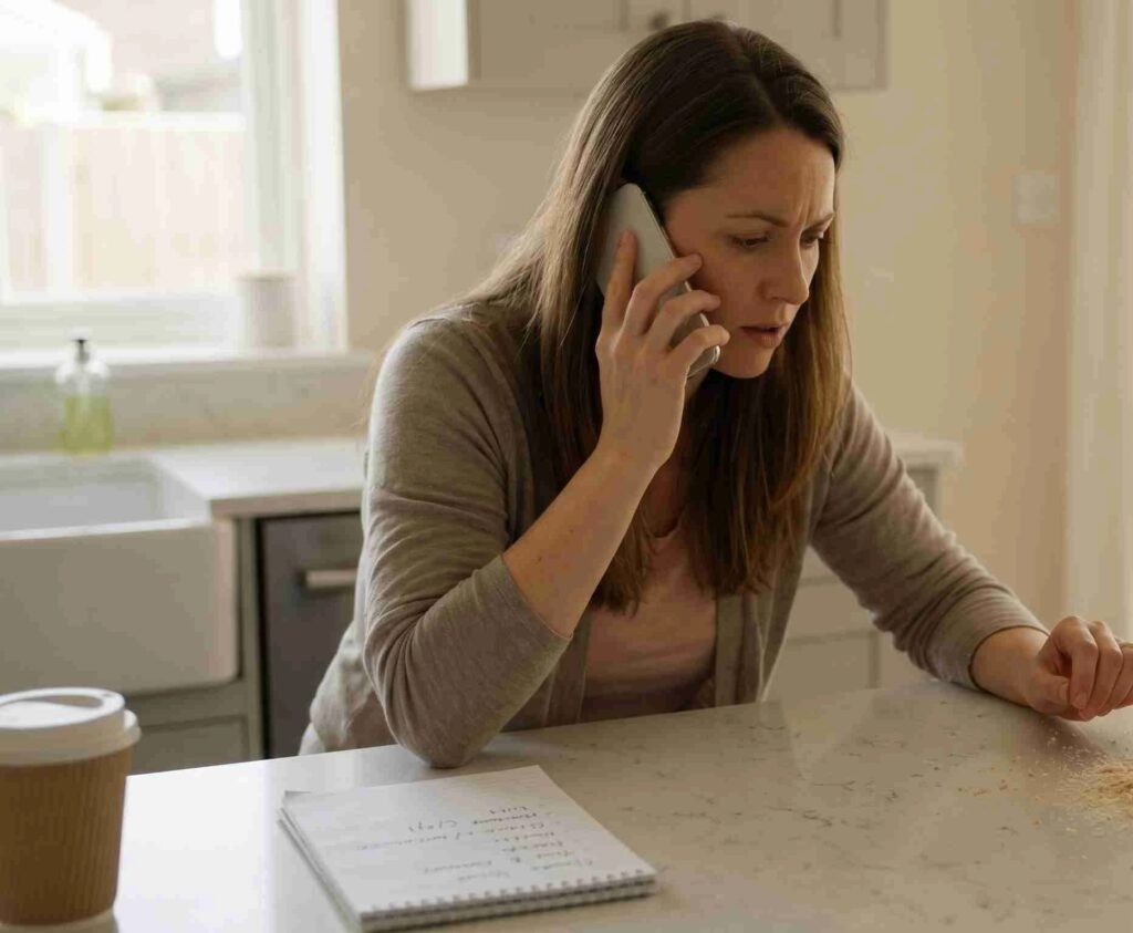 A concerned homeowner making a phone call for pest control service in Bloomington Indiana.