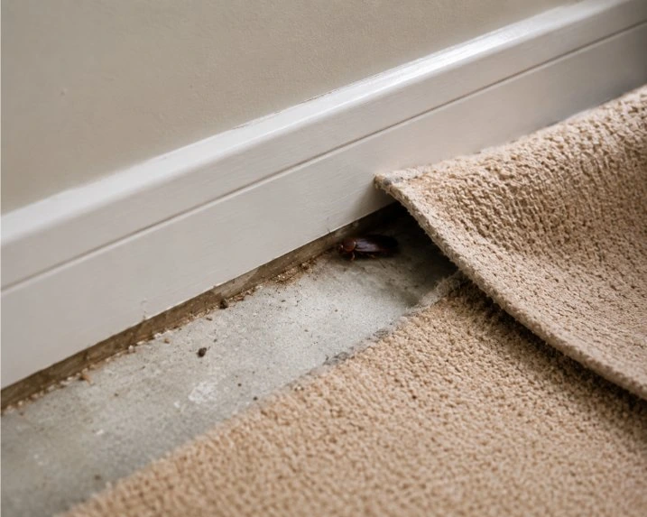 Cockroach hiding beneath lifted carpet edge near a baseboard inside a Bloomington Indiana apartment showing hidden pest activity in rental housing.
