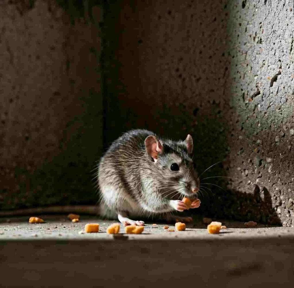 Mouse in basement near foundation wall showing rodent activity in older Bloomington Indiana home