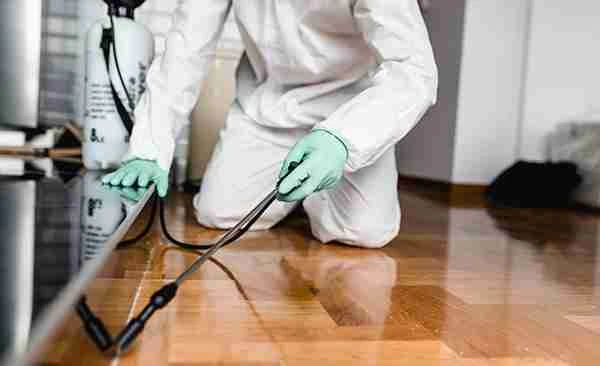Photo of a technician wearing safety gear and using a pest control tool to apply pest control chemical to a specific area in the Bloomington Indiana home.