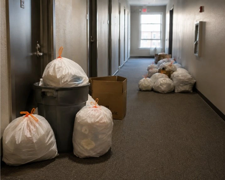 Trash bags and cardboard boxes in a shared apartment hallway near Indiana University Bloomington creating conditions that may contribute to pest infestations.